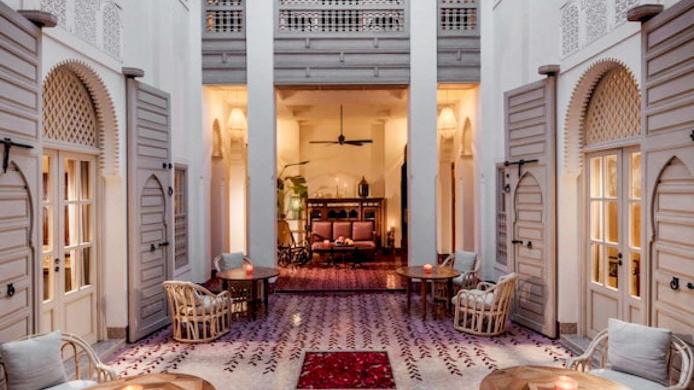 Luxury riads in Marrakech: 72 Hotel & Spa featuring elegant interiors and a tranquil courtyard.