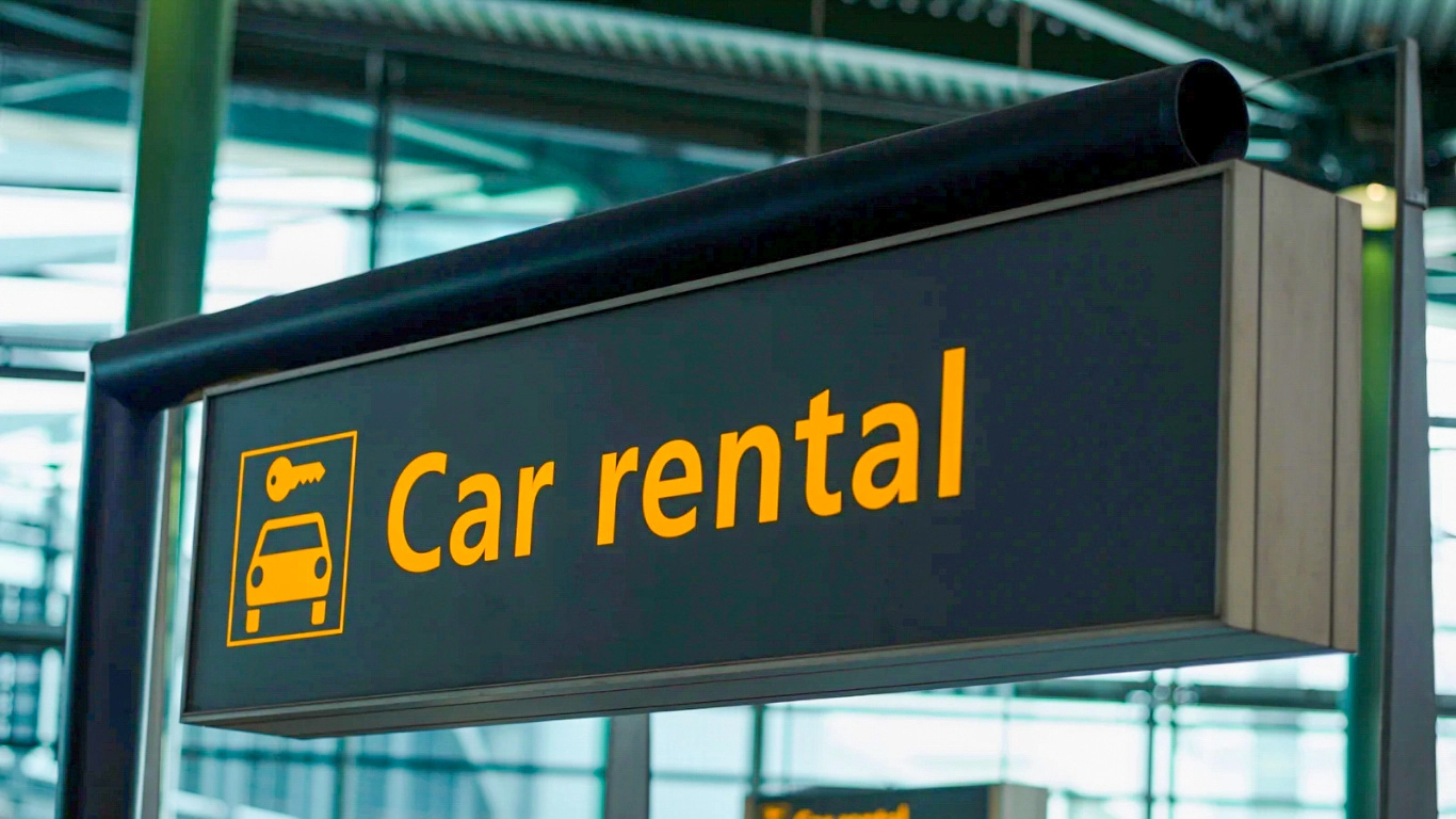 Car rental sign at an airport, indicating affordable car rental options for travelers in Marrakech.