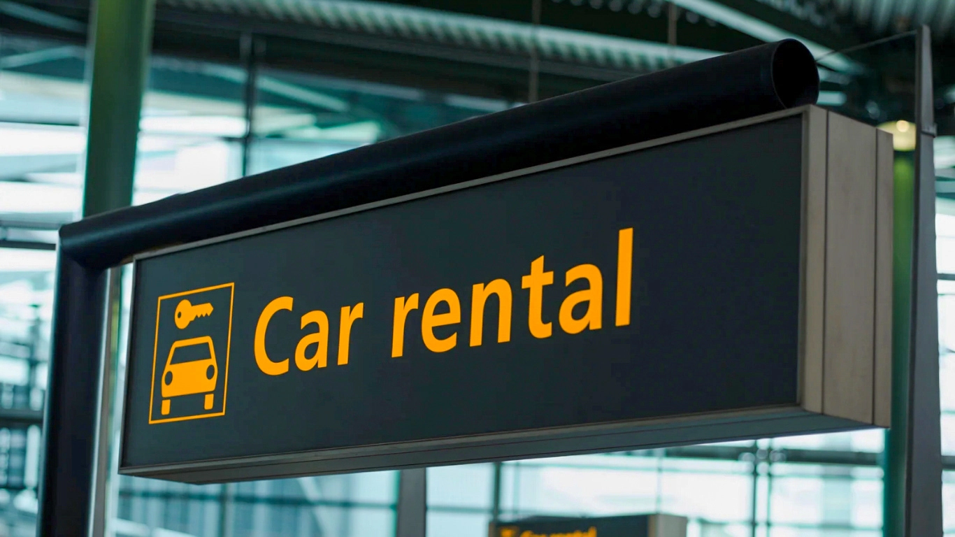 Car rental sign at Marrakech airport for travelers heading to the city center