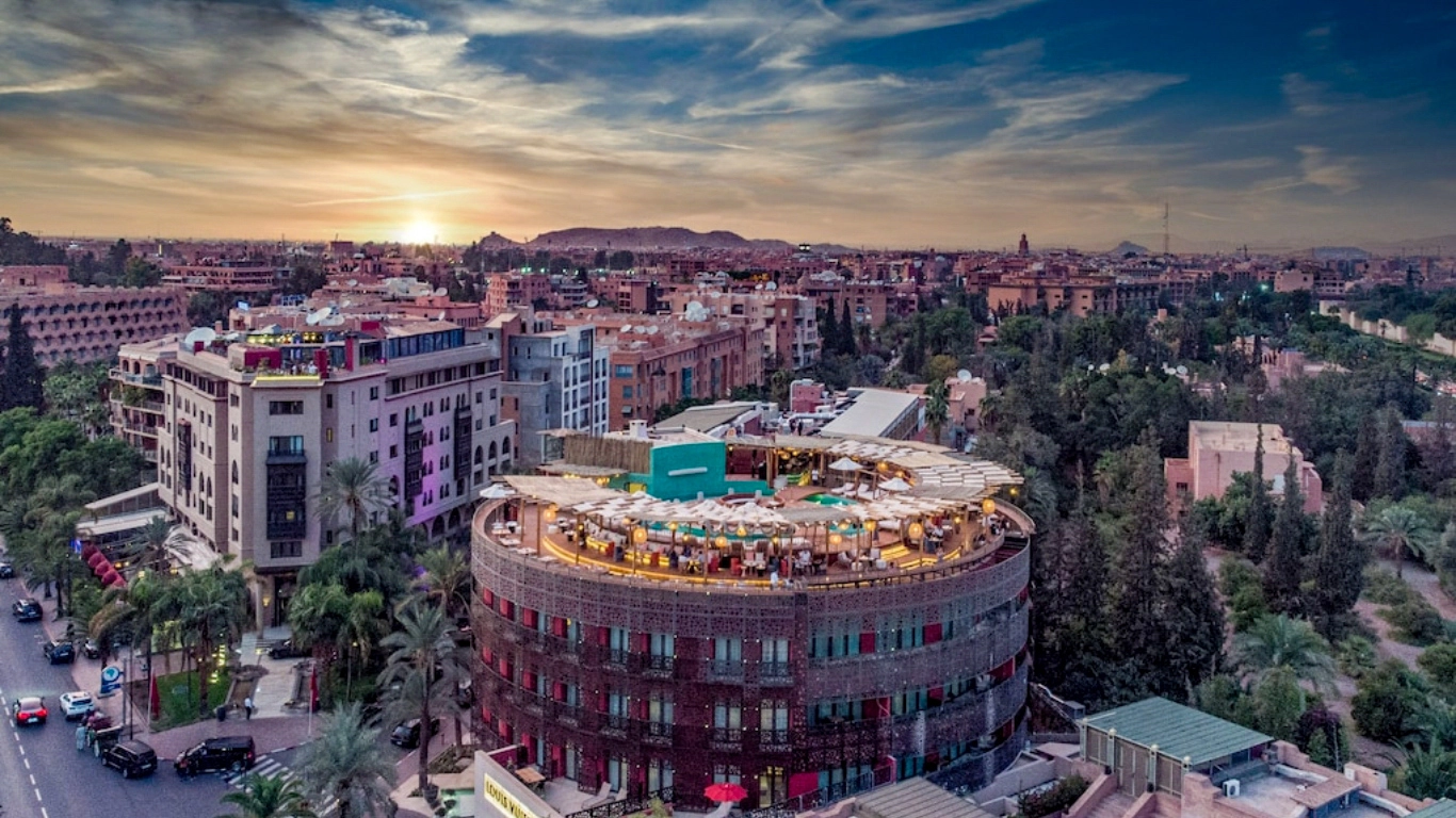 Nobu Hotel Marrakech rooftop terrace with panoramic city views at sunset