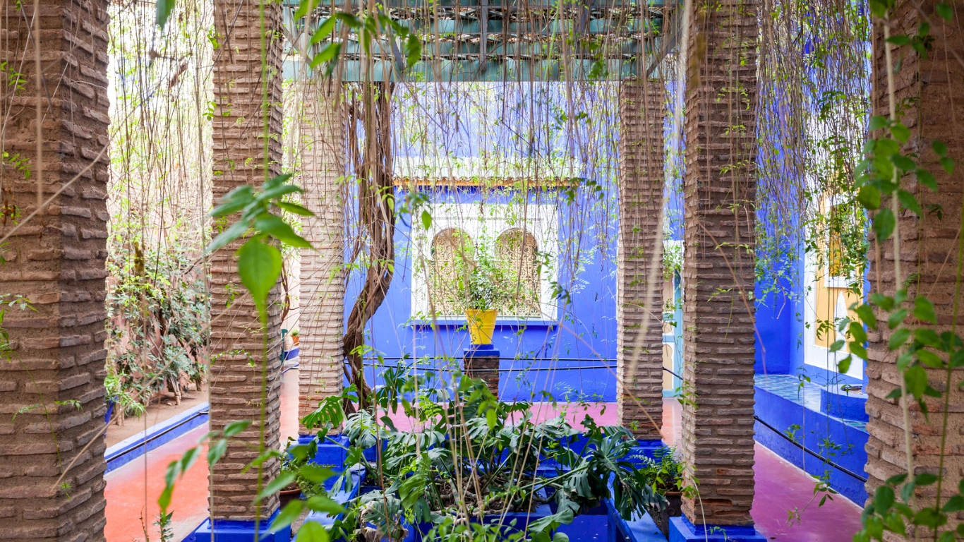 Vibrant blue architecture in Jardin Majorelle, a stunning botanical garden in Marrakech