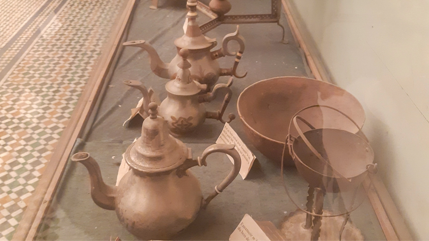 Collection of vintage Moroccan teapots at the Marrakech Museum