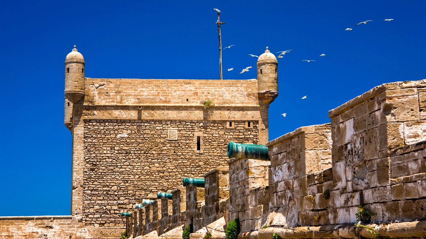Historic tower in Essaouira with seagulls flying in a clear blue sky