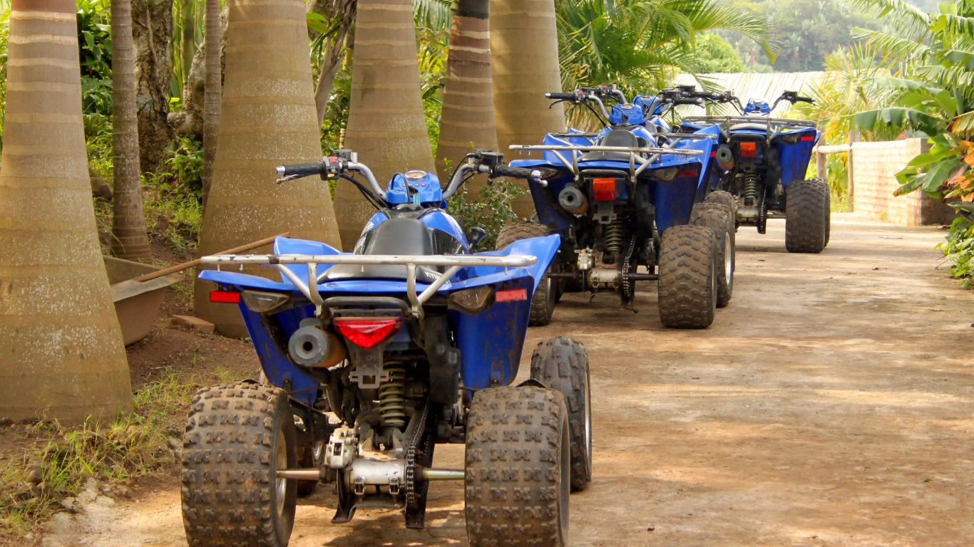 Line of quad bikes ready for a tour through the Palm Oasis and Agafay Desert near Marrakech