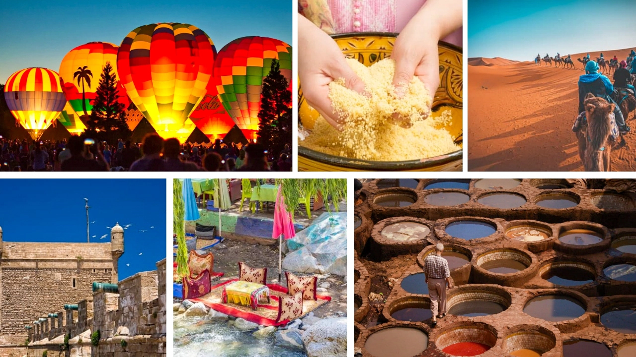 Collage of unusual activities in Marrakech including hot air balloon, camel riding, cookig workshops, merzouga desert, henna tattoos, and quad biking.