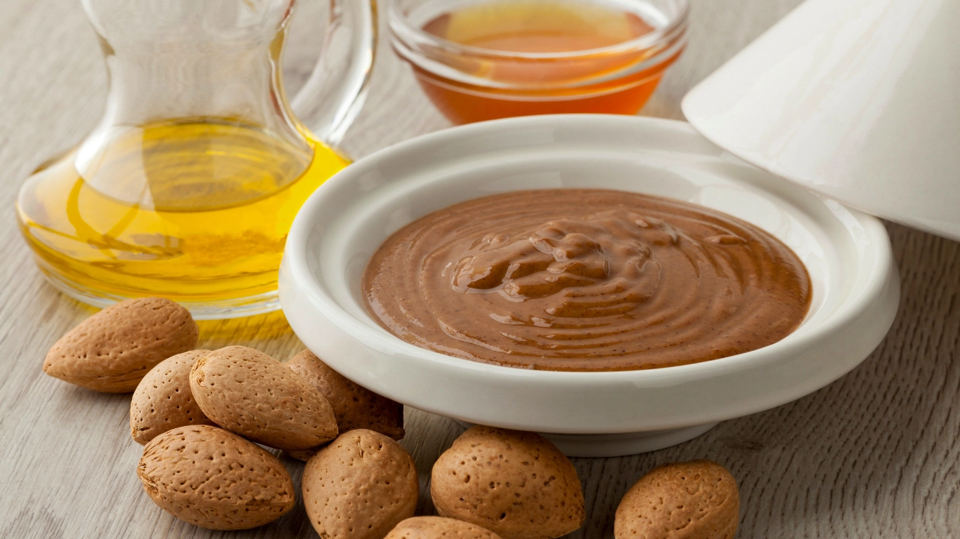 Traditional Moroccan amlou served in a bowl, a blend of almonds and argan oil - what to buy in Marrakech