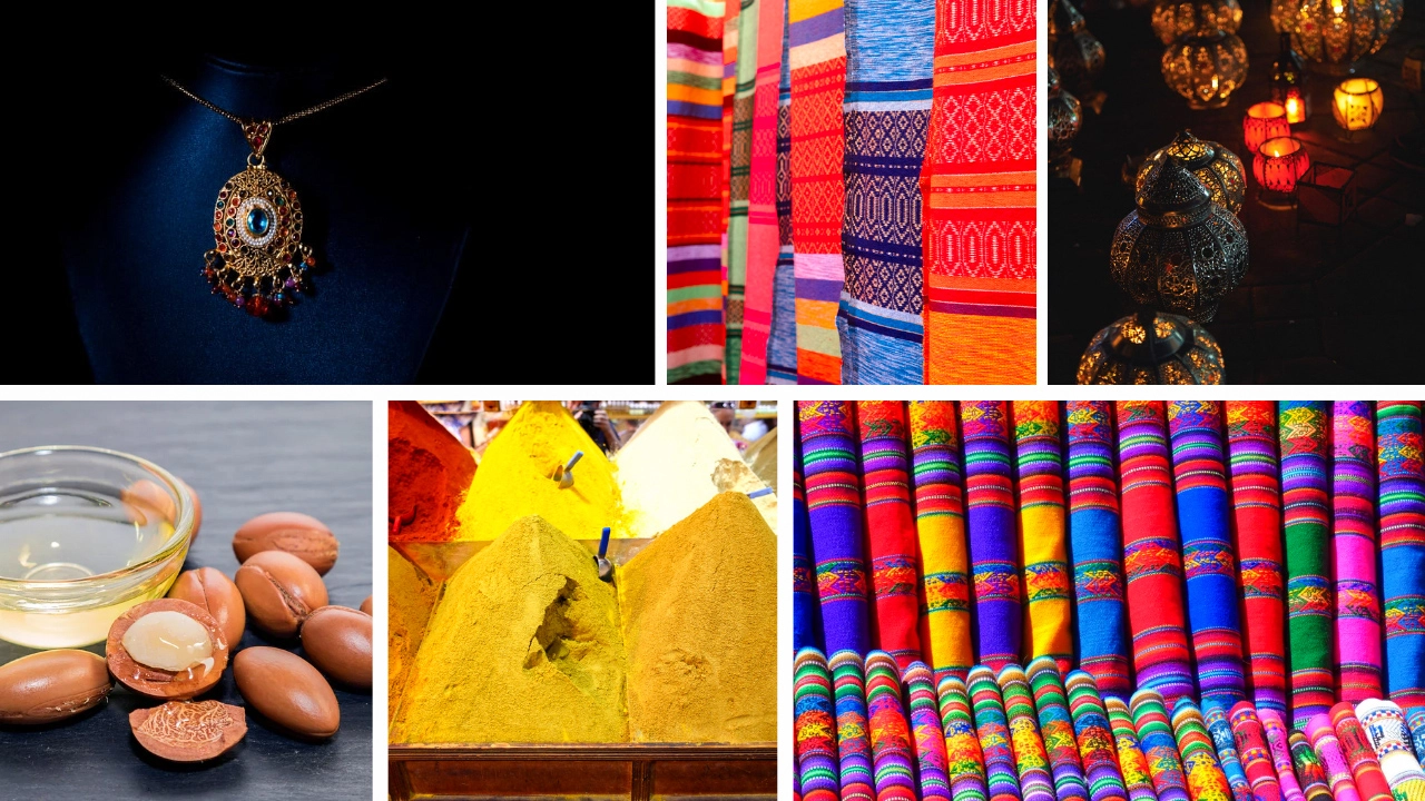 Collage of must-buy items in Marrakech, including a traditional necklace, colorful rugs, vibrant lamps, argan oil, spices, and woven textiles, showcasing Moroccan craftsmanship