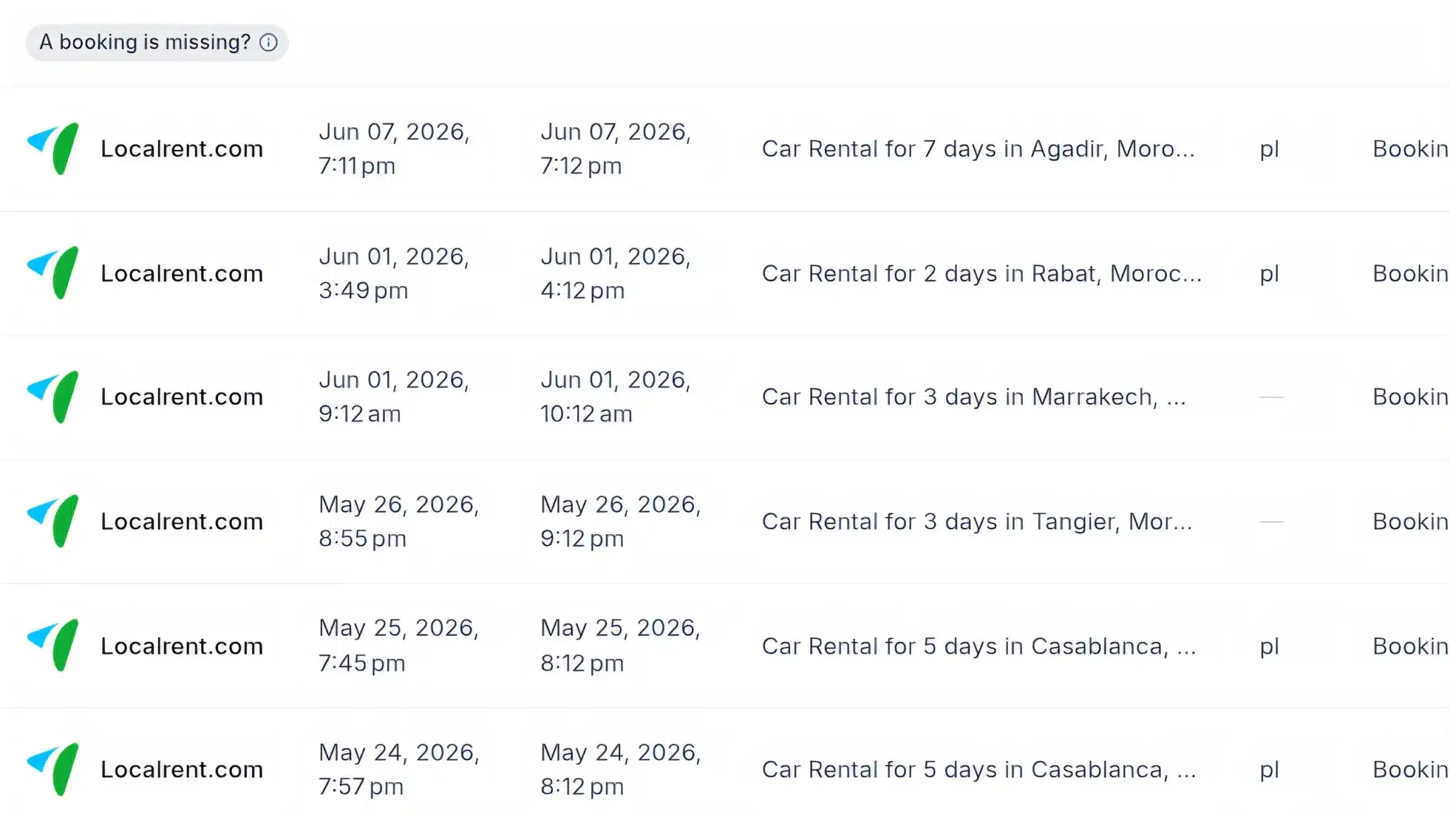 Screenshot showing Localrent car bookings in several Moroccan cities, including Marrakech, Rabat, Tangier, and Casablanca.